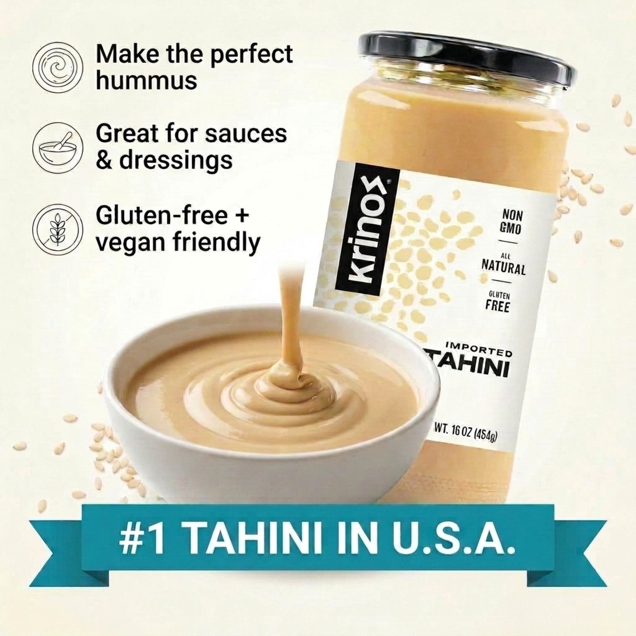 (6 pack) Krinos Tahini Spread with Velvety Texture 16oz Jar - Premium Sesame Paste