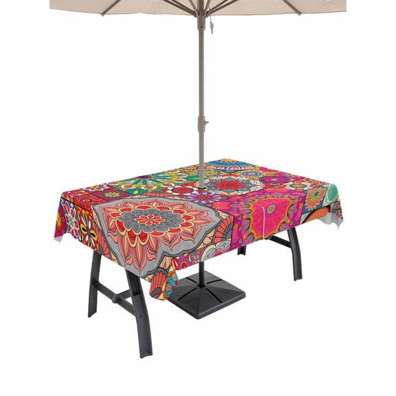 Outdoor Tablecloth with Umbrella Hole and Zipper, Colorful Ethnic Rectangle Table Cloth 52x70 Inch Waterproof Tablecloth, Modern Abstract National Geometric Red Picnic Table Cover for Patio Camping