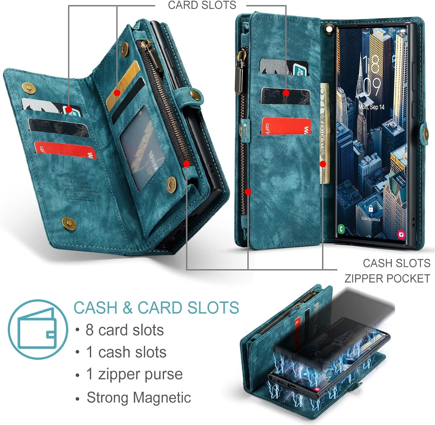 Phone Case for Samsung Galaxy S23 Ultra 5G Zipper Wallet Detachable Cover with Leather Flip Credit Cash Card Holder Mobile Cell Accessories S23Ultra 23S S 23 23Ultra 6.8 inch Women Men Blue