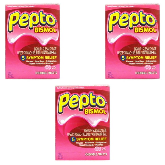 Pepto-Bismol Chewable Tablets For Digestive Relief (25/2 In 1 Box) (Pack of 3)