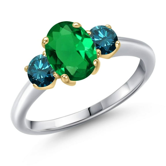 Gem Stone King 925 Silver and 10K Yellow Gold Green Nano Emerald and Blue Diamond Engagement Ring for Women | 1.29 Cttw | Oval 8X6MM | Gemstone May Birthstone | Size 9
