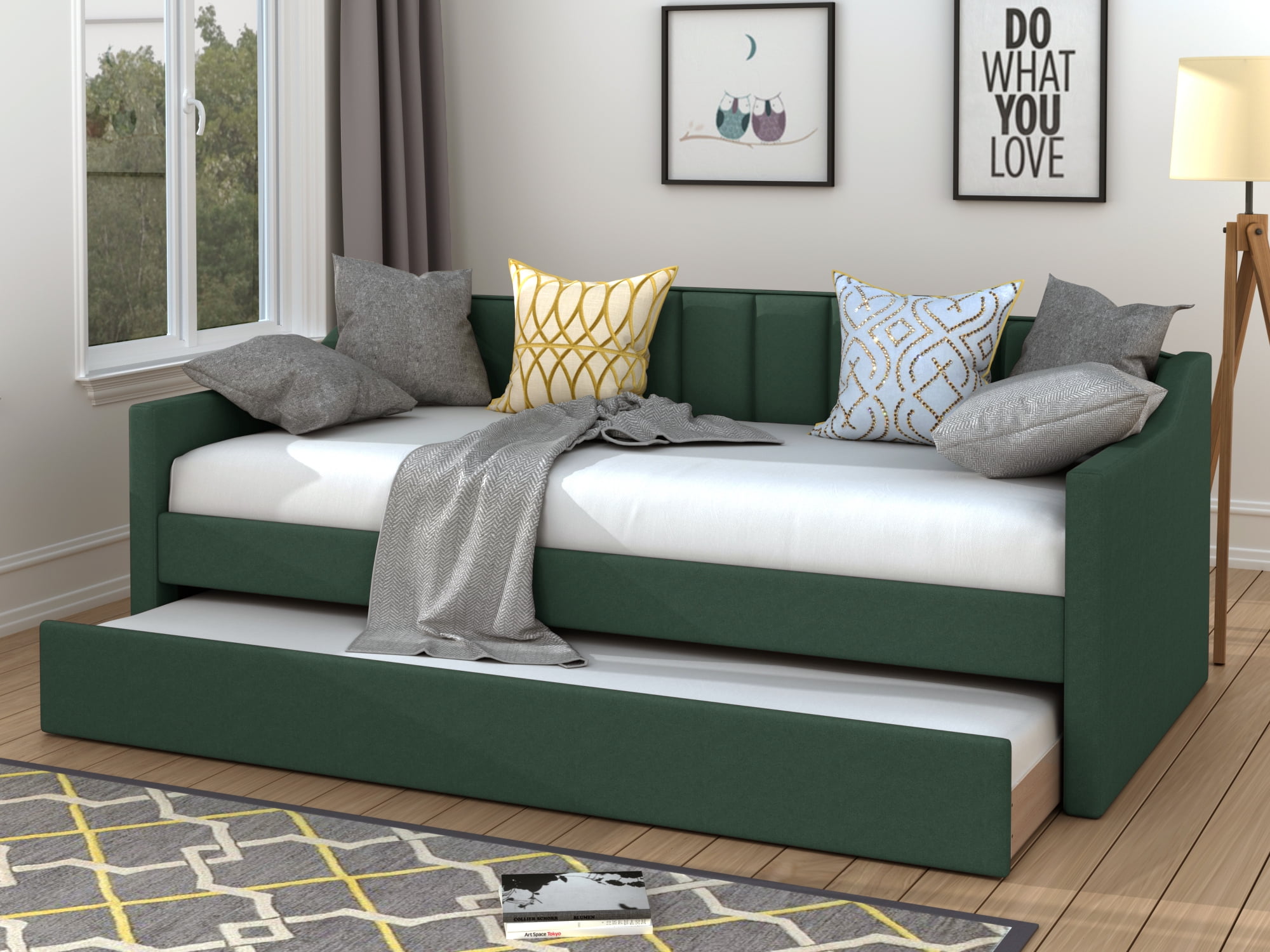 Euroco modern fabric upholstered twin daybed with guest trundle green