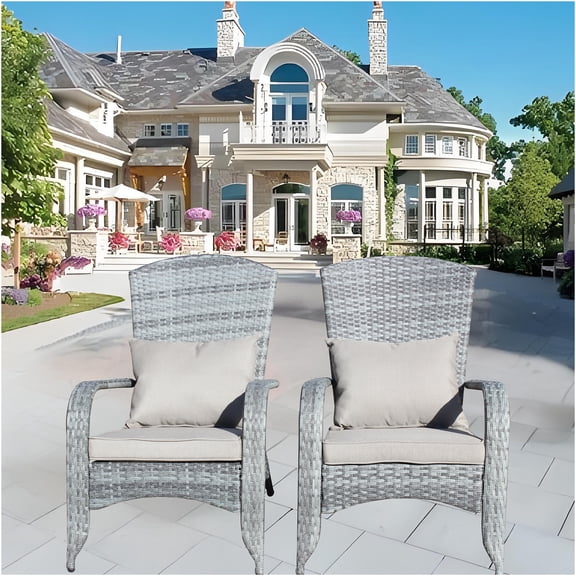 JERFIT Outdoor Patio Chair Set of 2 with Cushions, PE Wicker Garden Lounge Chairs with Waterproof Grey Cushions for Porch, Poolside, Deck