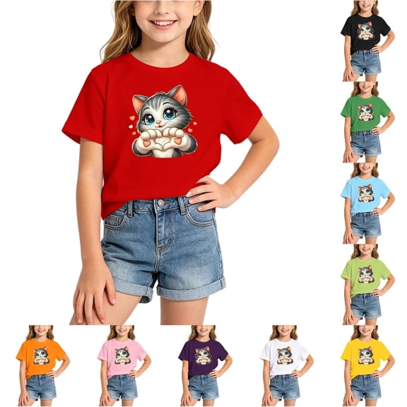 ZHOGXU Toddler Kids Girls T Shirt Short Sleeve Round Neck Cute Cat Print Comfortable Breathable Fashion Tee Top For Everyday Wear,Red,8-10 Years