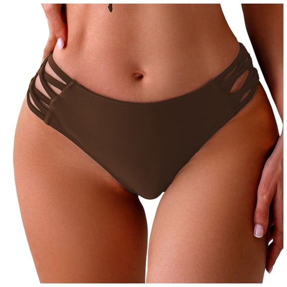Wamejoo Strappy Bikini Bottoms - Women's Full Coverage Bathing Suit Mid Waist Swimsuit Bottom (Coffee, L)