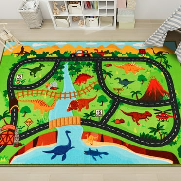 Kids Carpet Playmat Rug,59"X39.4" Dinosaur Car Rugs for Kids Toy Cars,Non Slip Dino Safari Road Map Kids Rug for Playroom Bedroom Boys,Kids Play Mat Road Rug,Track Rug Car Play Carpet for Kids