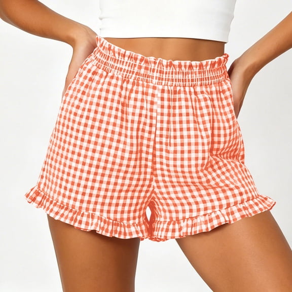 Lounge Shorts For Women Summer Plaid Ruffle Hem Office Leisure Travel Day Vacation Resort Everyday Style Comfort Focused Design Modern Casual Wardrobe Navy L