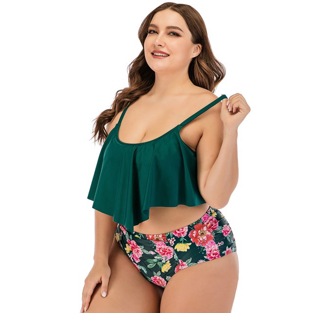 WREESH Maillot de Bain Bikini à Volants Taille Haute Grande Taille Fendu pour Femmes
