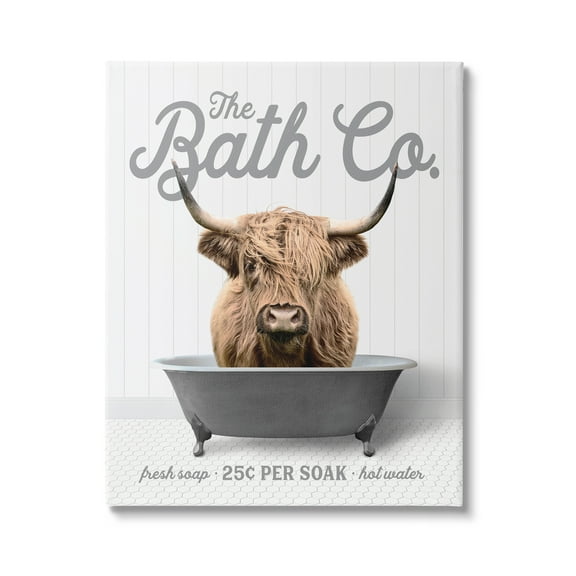 Stupell Industries Bathtub Highland Cow Animals & Insects Painting Gallery Wrapped Canvas Print Wall Art, 16 x 20