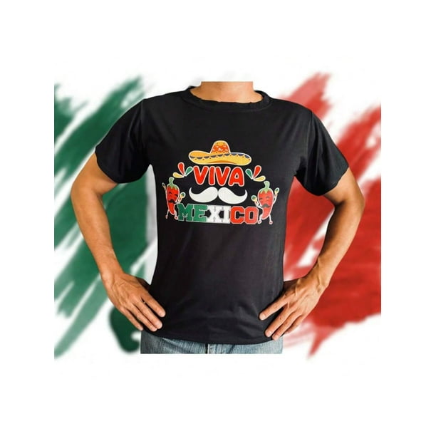 Playera De Fiestas Patrias Impreso de Viva Mexico Septiembre Independencia Color Negro Talla Grande Marca Emil SaEs