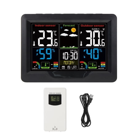 JIAHAOO Weather Clock Radio Frequency Wireless Indoor Outdoor Thermometer Hygrometer Forecast Dual Alarm 6 inch