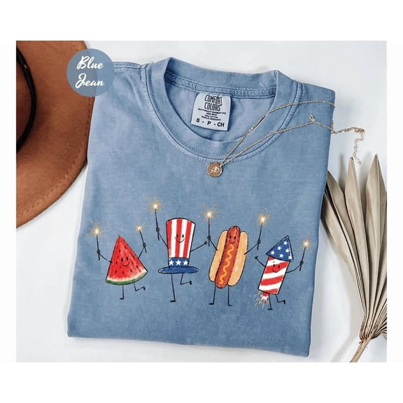 Comfort Colors Patriotic Doodle, Cute Fourth of July Shirt, Watermelon Hotdog Firework Shirt, Retro American Shirt
