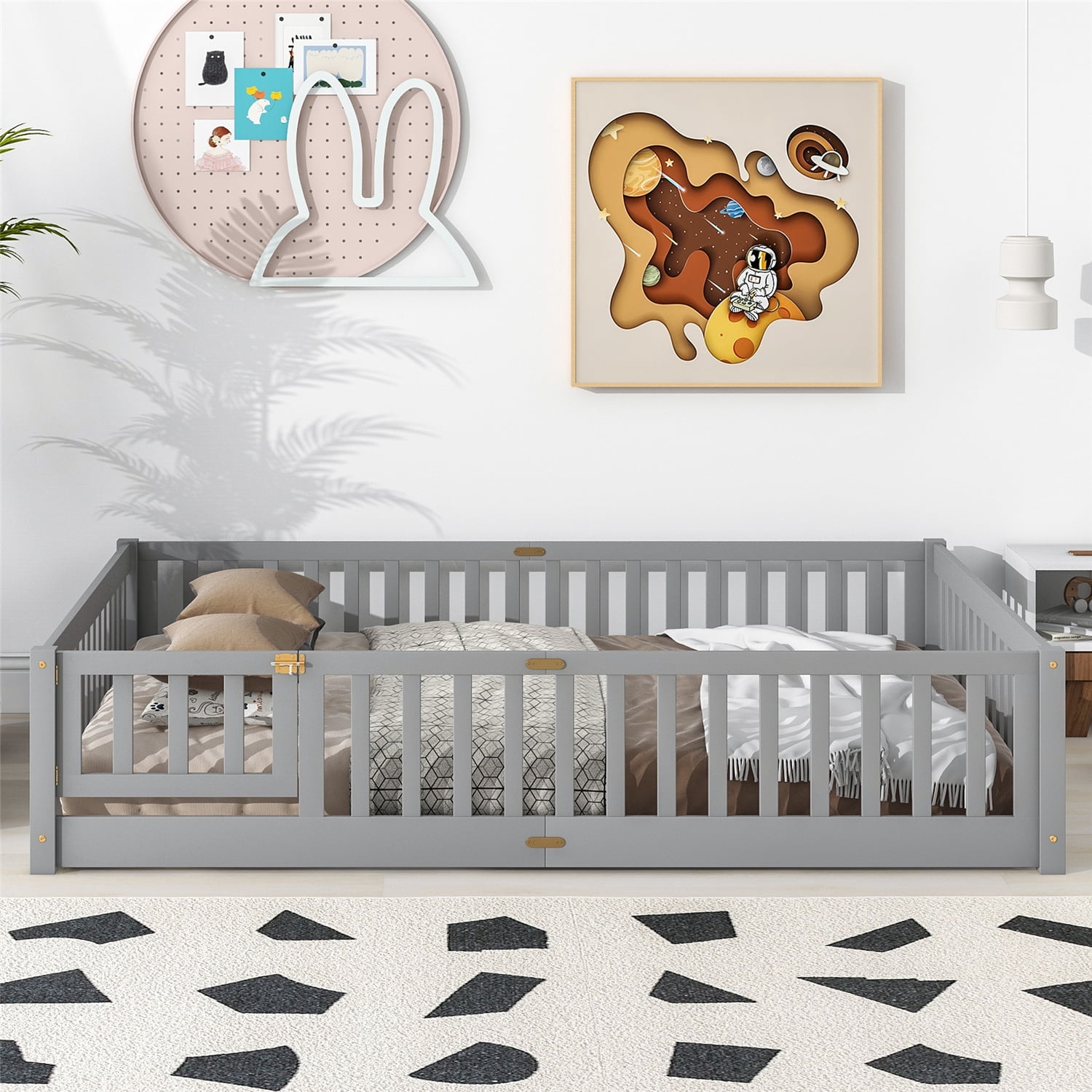 Queen Size Floor Bed, Solid Pine Wood Platform Bed Frame with Fence Guardrails & Door & Slats System, Multifunctional Floor Playpen Bed, Gray