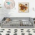 thumbnail image 2 of Queen Size Floor Bed, Solid Pine Wood Platform Bed Frame with Fence Guardrails & Door & Slats System, Multifunctional Floor Playpen Bed, Gray, 2 of 7