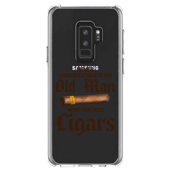 DistinctInk Clear Shockproof Hybrid Case for Samsung Galaxy S9  PLUS (6.2" Screen) - TPU Bumper Acrylic Back Tempered Glass Screen Protector - Never Underestimate Old Man Who Smokes Cigars