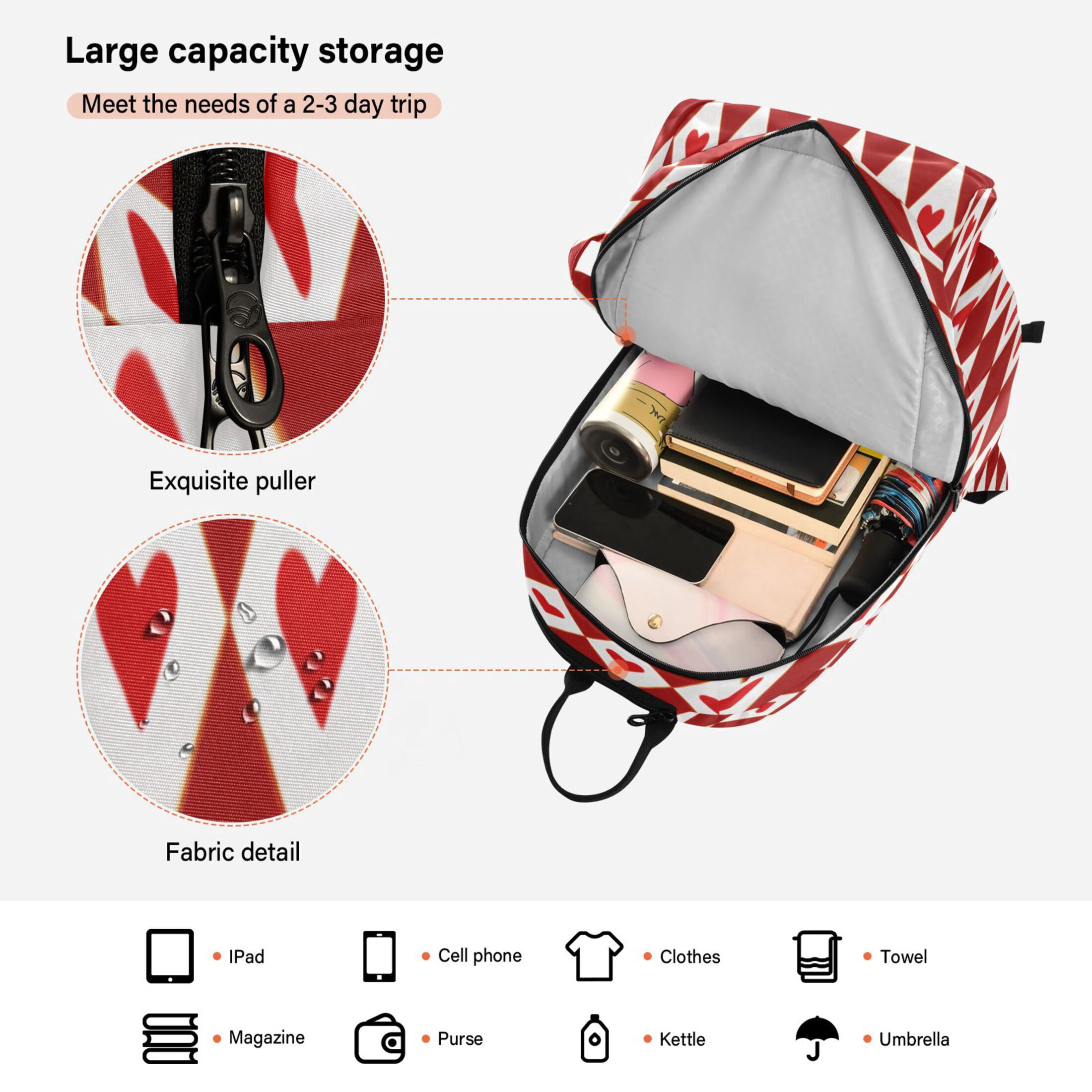 2 Racquet Holder Tennis Backpack Tennis Racket Covers Gym Bags Red Hearts and Diamonds