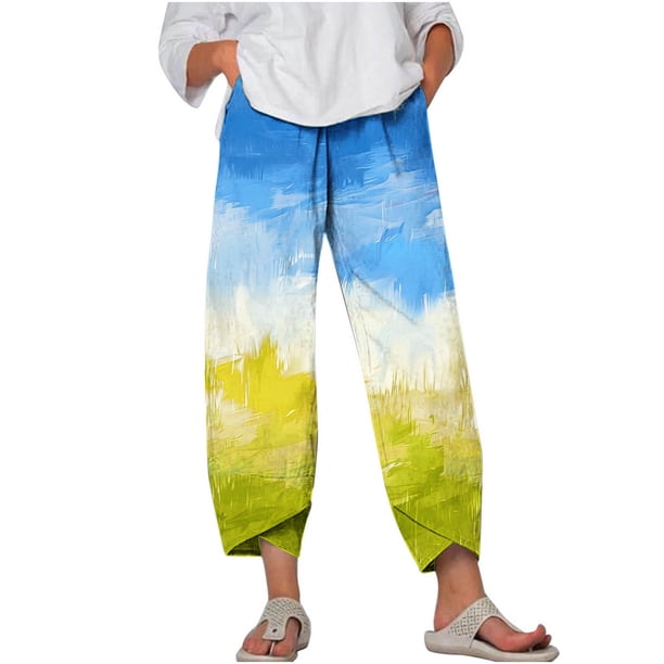 Pantalones de Mujer Traje Verano Cómodo de Moda Impreso Pantalones Recortados, Pantalones Elásticos Casuales