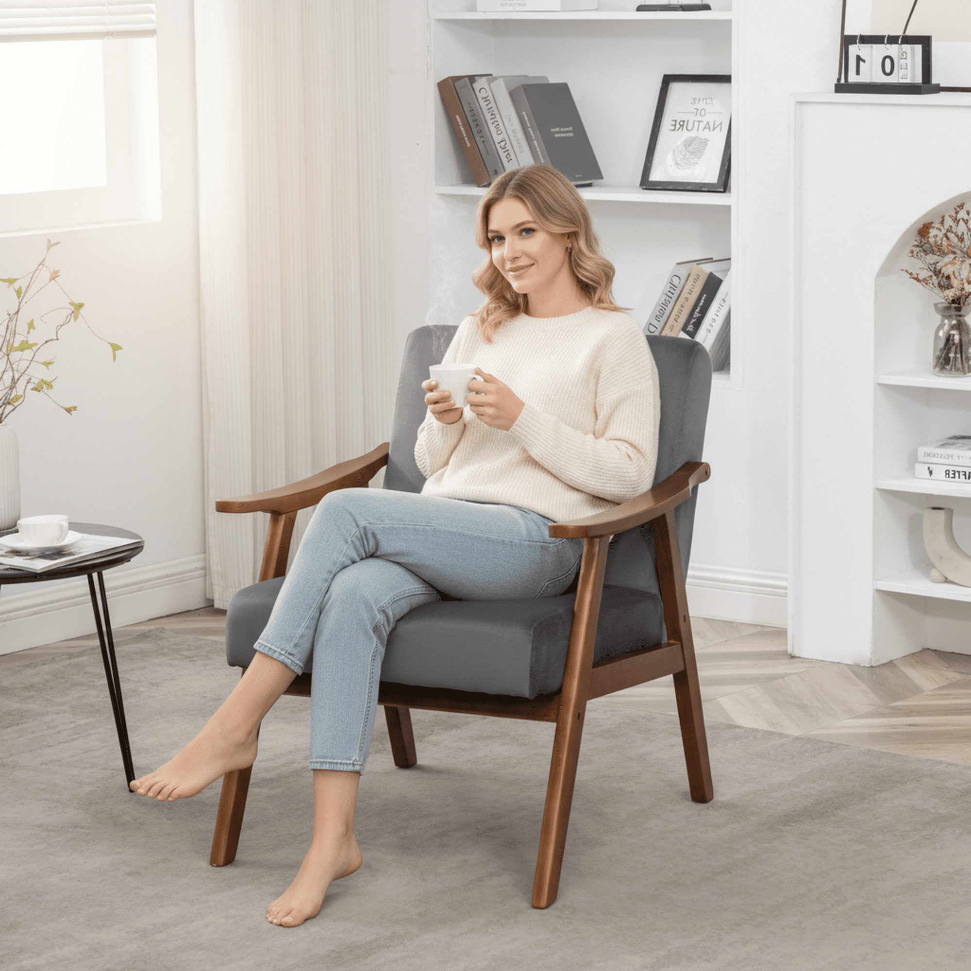 MOONMISS Mid Century Modern Accent Chair Solid Wood Frame Microfiber Living Room,Gray Velvet