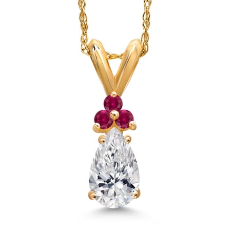 Gem Stone King 14K Yellow Gold DEF Lab Grown Diamond and Red Created Ruby Pendant Necklace for Women | 0.58 Cttw | Gemstone April Birthstone | Pear Shape 7X5MM | With 18 inch Chain