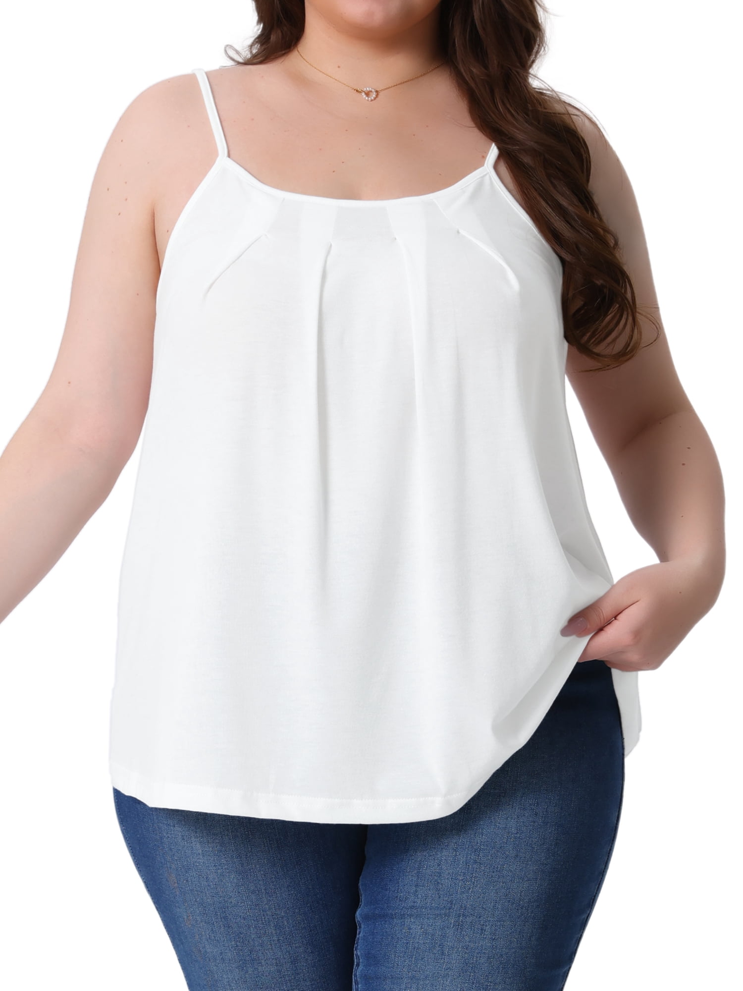 DARING DIVA Women's Plus Summer Crew Neck Tank Tops Pleated Sleeveless Cami 2X White