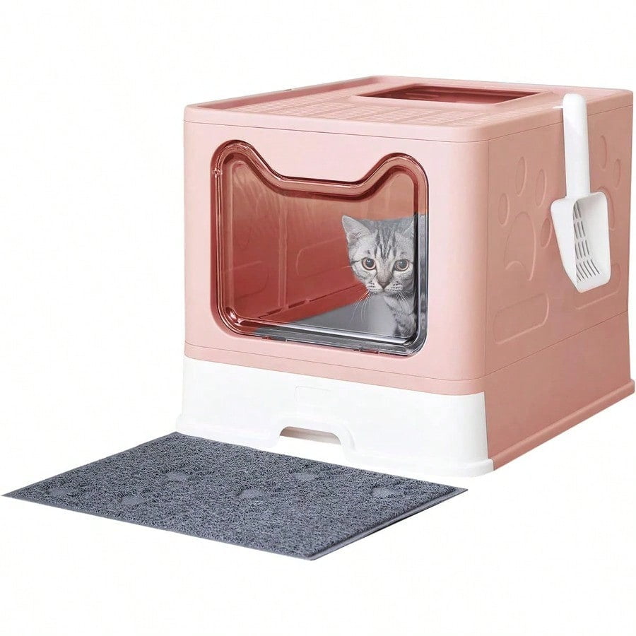 Cat Litter Box with Litter Mat and Scoop Large Foldable Litter Box with Lid Front Entry Top Exit Kitty Box Odor Control Easy to Clean Pink