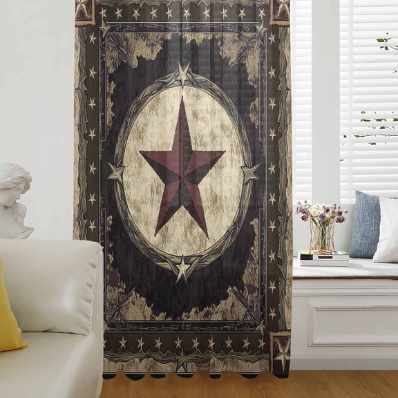 Western Stars Brown Semi Sheer Curtains Drapes for Living Room,Bedroom,French Doors Window 84 Inches Long,Farmhouse Country Vintage Wood Grain Rod Pocket Chiffon Curtain Drapery Voile Drape Panel