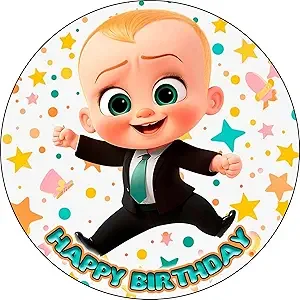 6" Pre-Cut Round Boss Baby Happy Birthday Edible Image Cake Topper By TNCT