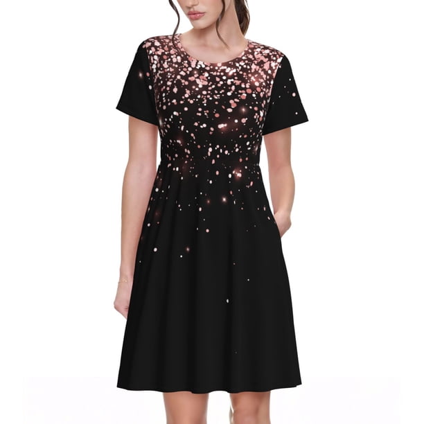 Easygdp Rose Gold Glitter1 para Vestido Transpirable de Mujer, Vestido Suelto de Manga Corta con Pliegues y Bolsillos para el Verano