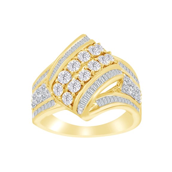 AFFY (1 cttw) Round & Baguette Shape White Natural Diamond Cocktail Ring In 10k Solid Yellow Gold