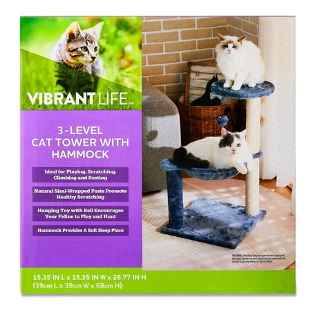 VIBRANT LIFE 3-LEVEL CAT TOWER WITH HAMMOCK AND SISAL POST, 26.7 INCH, BLUE
