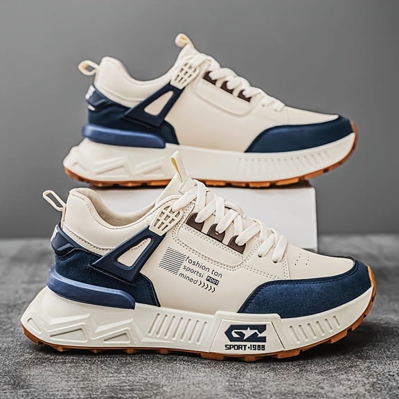 AOPLUS Men'S Classic Low-Top Sneakers - White & Navy Blue, Lace-Up Casual Sports Shoes with Durable PVC Sole, Comfortable Fabric Lining, and Stylish Design for Casual Attire, Allseason Shoes | Styli