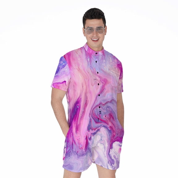 Purple Liquid Marble Short Sleeve Men'S Rompers Casual Summer Jumpsuits Outfit