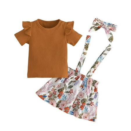 

GWAABD Cute Toddler Clothes Brown Cotton Blend Toddler Girls Summer Solid Color Ribbed Short Sleeve Tops Flower Prints Suspender Skirt Outwear with Headbands 3pcs Sets 12M