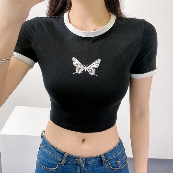 T-shirt Imprimé Papillon Mode Jeunes Filles Top Court à Blocs de Couleur Style Décontracté d'Été Vêtements