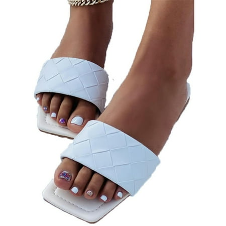 

WEARELLAS Womens Plain Holiday Beach Slip On Open Toe Slippers Flats Sandals Summer Square Toe Sliders Shoes Size