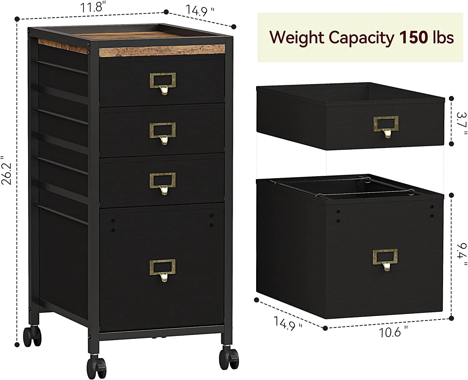 4 Drawer Filing Cabinet, Black File Cabinet Mobile Printer Stand Fits A4 or Letter Size, Fabric Vertical File Cabinet with Wheels, Nightstand End Table for Home Office, Black