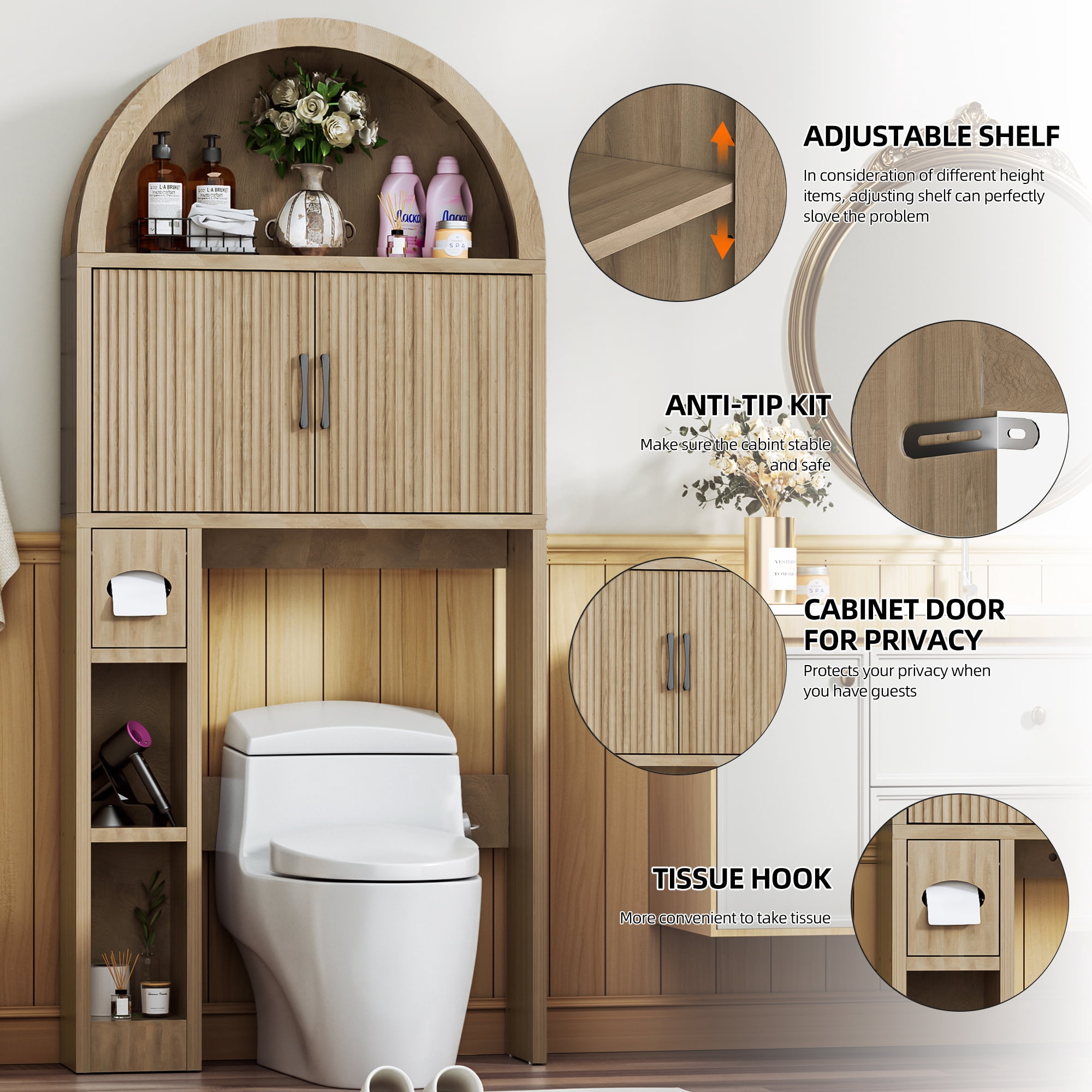 AHB Over Toilet Storage Cabinet with Arc Design, Freestanding Bathroom Organizer with Doors, 7.7"D x 30.5"W x 67.7"H, Wood Color