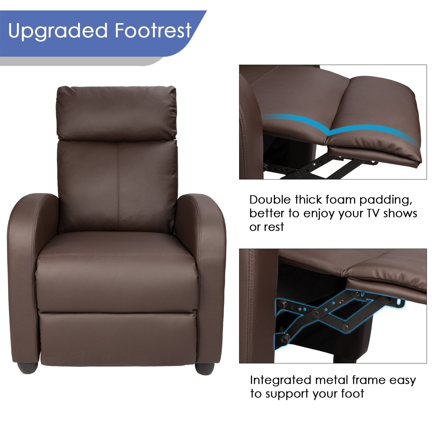 Walnew Single Recliner Thick Padded Push Back Recliner with Faux Leather, Brown