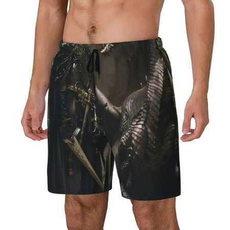 Logiee Medieval Knight And Dragon Print Men s Swim Trunk Quick Dry Board Shorts Men s Swim Trunks with Compression Liner Bathing Suits with Pockets-Medium