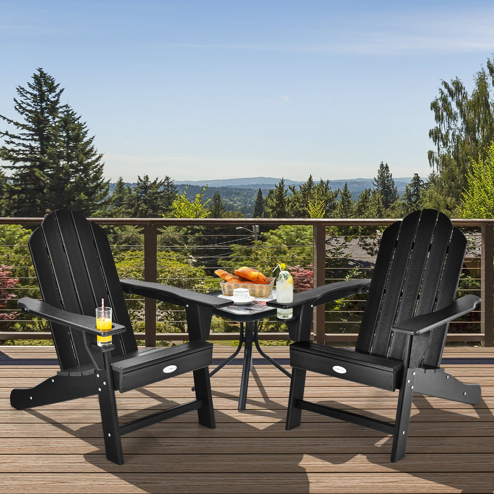 Patiojoy Adirondack Chair Outdoor with Cup Holde Weather Resistant Lounger Chair for Backyard Garden Patio and Deck Black