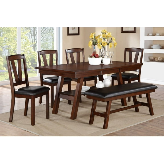 Contemporary Dark Walnut Finish 6pc Dining Set Dining Table 4x Chairs and Bench Kitchen Dining Room Furniture Solid wood