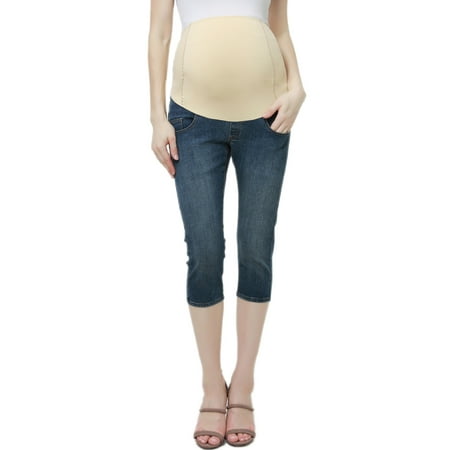 Momo Maternity Stretchy Full Panel Capri Pants, Medium Indigo Blue, 25 X 33