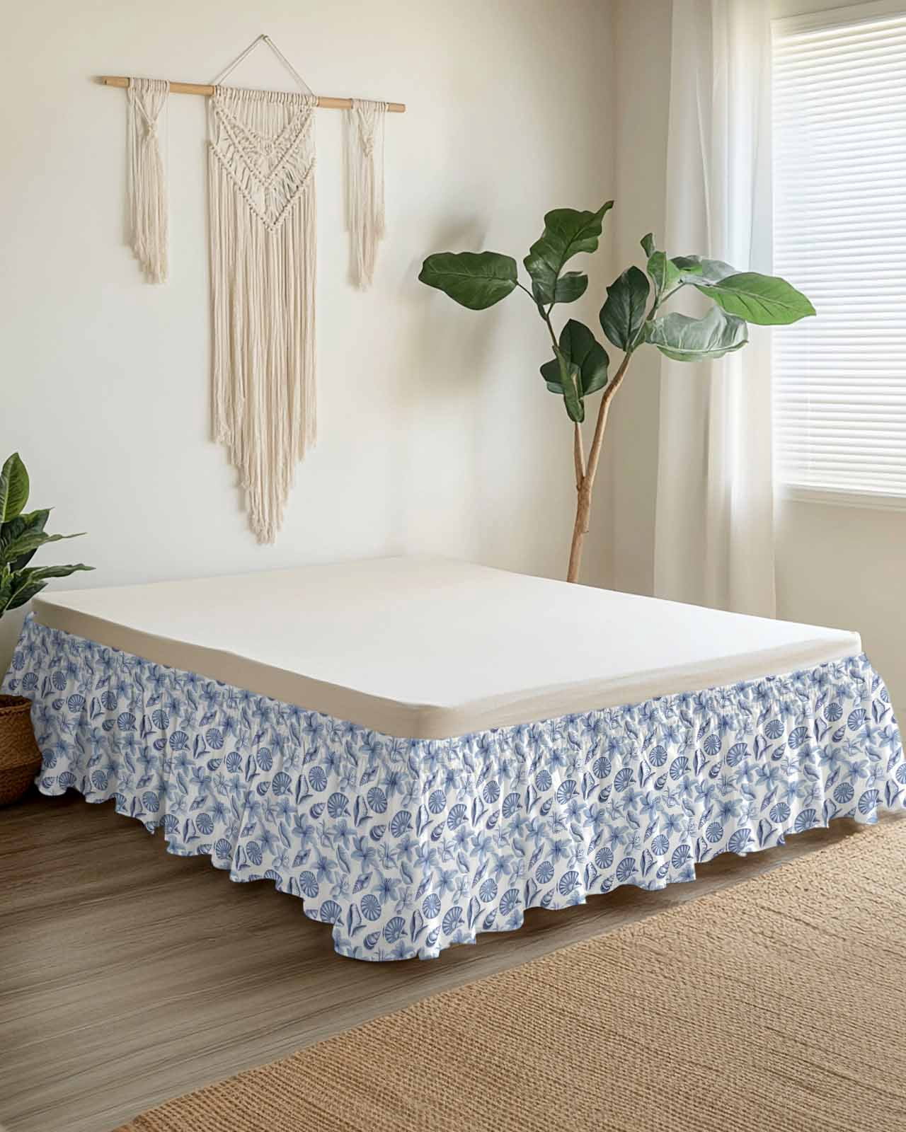 Blue Coastal Wrap Around Bed Skirts for Queen Bed 16" Drop, Bed Skirt with Adjustable Elastic Belt Dust Ruffle Bed Valance for Bedroom Hotel Luxury Shell Floral Ocean Retro Bed Frame Cover