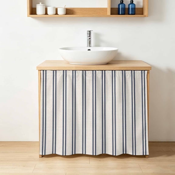 Blue Ticking Stripe Cabinet Curtains 10" W x 11" L, Coastal Vertical Lines Khaki Under-Desk Privacy Dust Proof Drape Dishwasher Curtain Sink Skirt for Kitchen Closet Bathroom Laundry