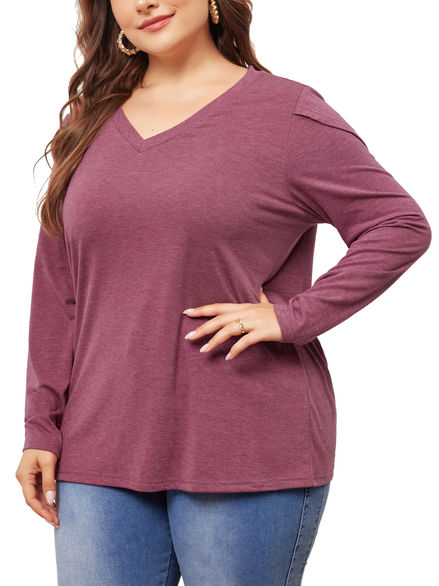 DARING DIVA Women's Plus V Neck Tulip Long Sleeve T-Shirt Casual Blouses 2X Purple Red