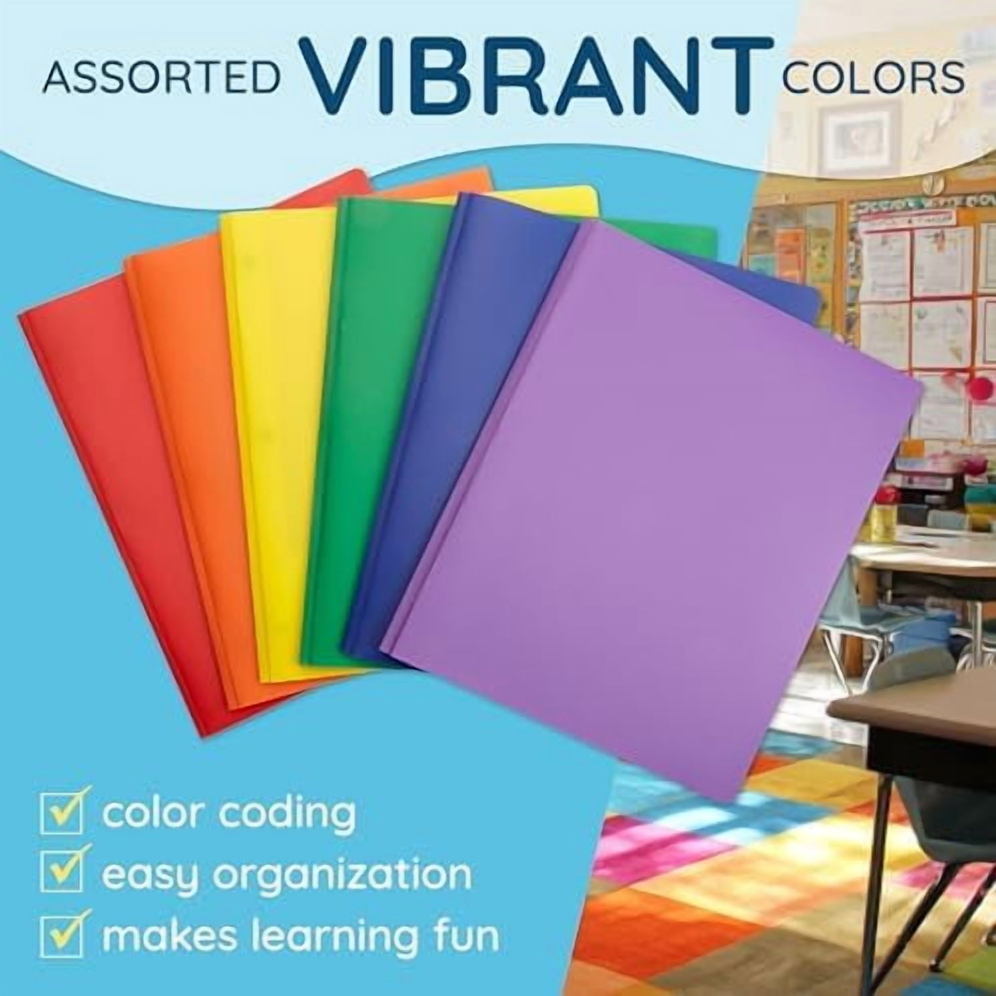 6 Pack Multicolor Plastic Folders with Pockets and Prongs, 2 Pocket Plastic Folders with Prongs and Brads for School, Home, and Work$$Office