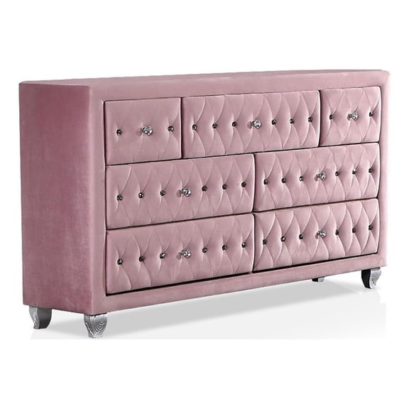 Bowery Hill Glam Fabric Upholstered 7-Drawer Dresser in Pink