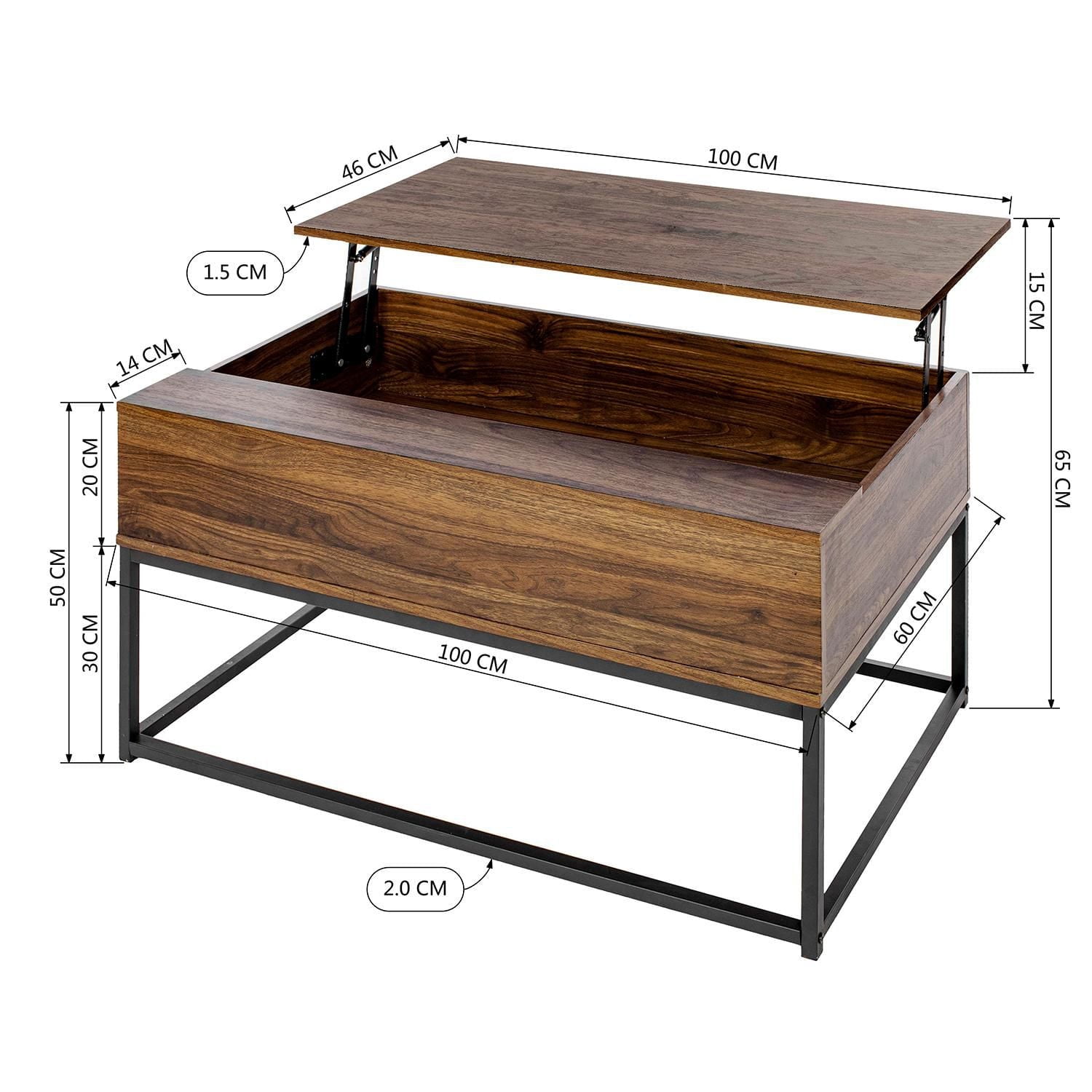Homylin Table basse relevable de 39,4 pouces, table centrale industrielle avec compartiment de rangement caché pour le salon, petite pour la salle à manger, la réception, le bureau à domicile, brun ru