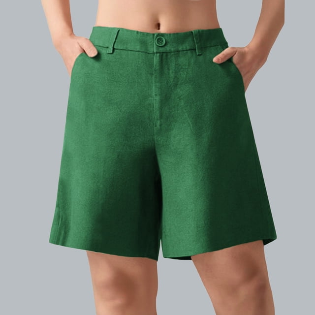 Ovticza Bermudas pour Femmes Séchage Rapide Légers Shorts en Lin Golf Randonnée Voyage Shorts Vert Foncé L