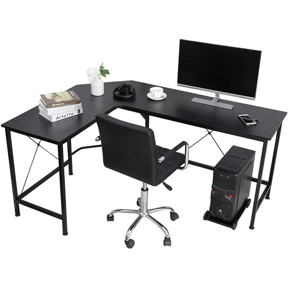 HomGarden L-Shaped Computer Desk Modern Corner Table PC Laptop Study Workstation Home Office Desk Wood Desktop Metal Frame(Black)